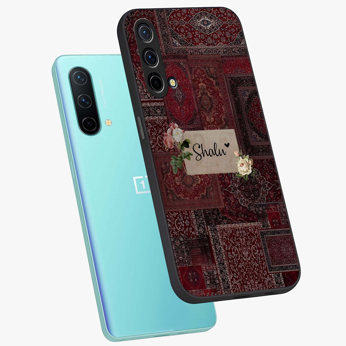 Velvet Wine Pattern Custom Name Glass Case displayed in angled mockup highlighting decorative velvet inspired design with custom name feature.