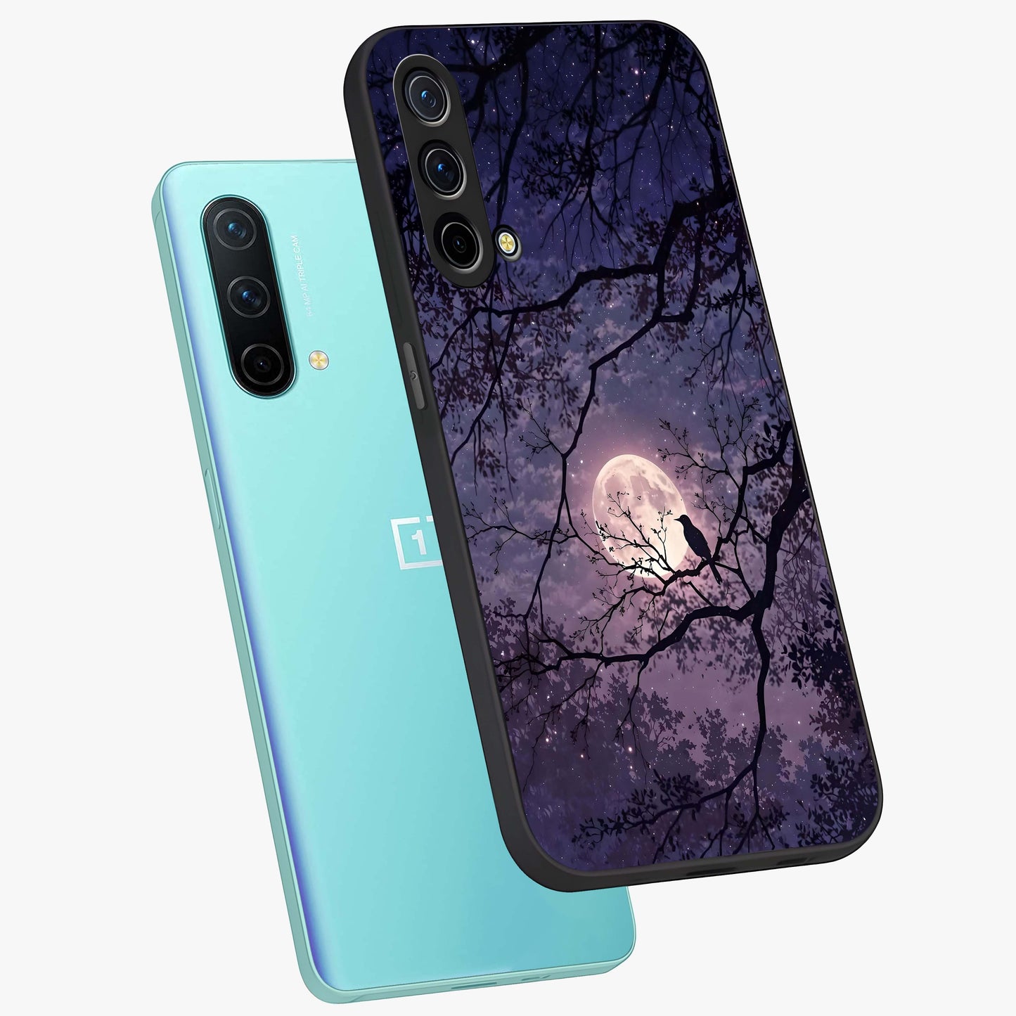 Whispering Moon Silence Glass Case displayed in angled mockup highlighting calm lunar design with dreamy night aesthetic.