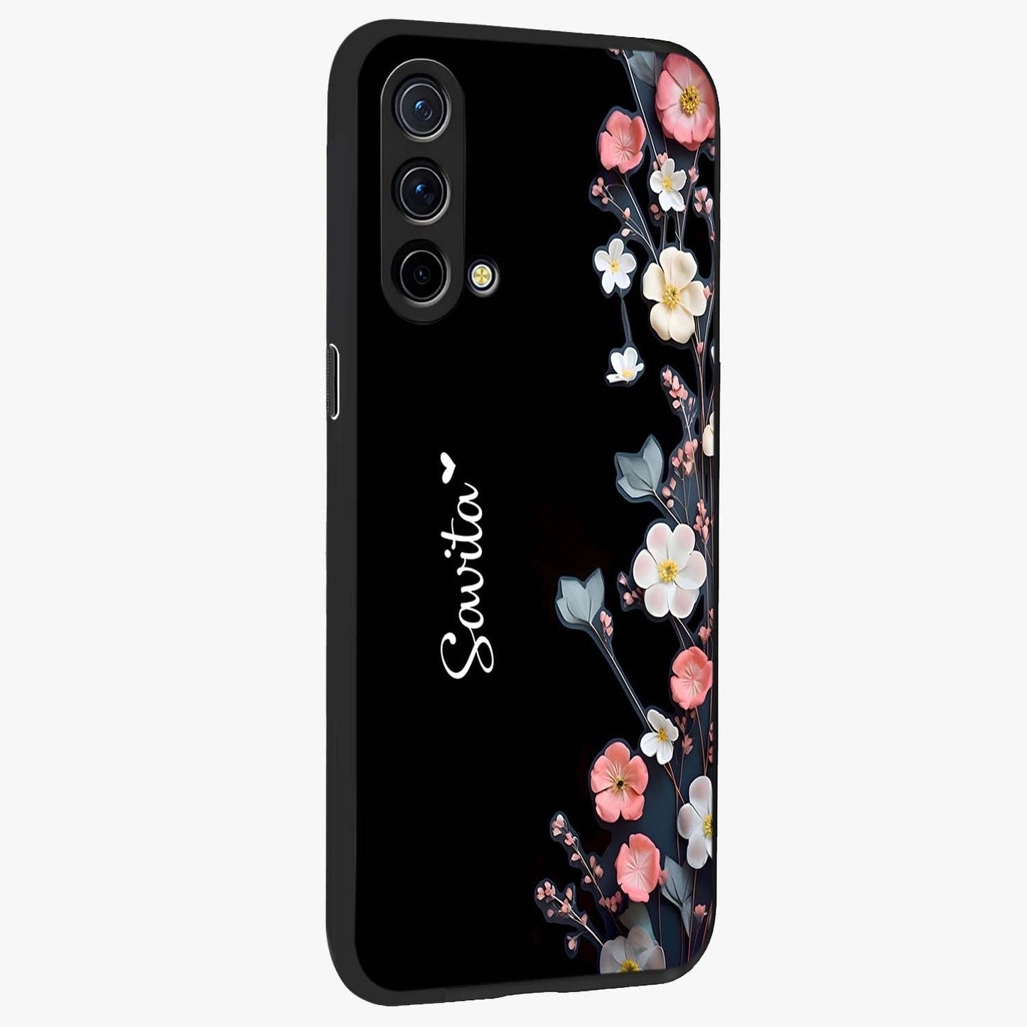 Black Elegance Floral Custom Name Glass Case upright view showcasing luxurious black floral design with personalized name detail.