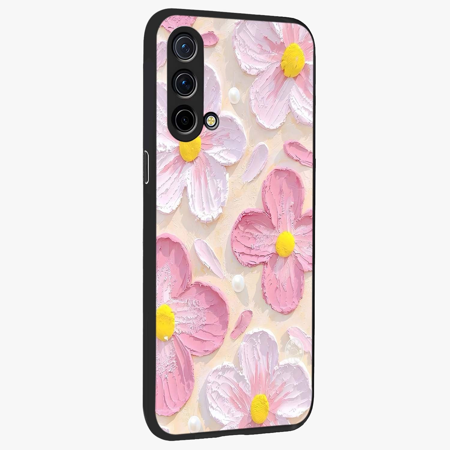 Blush Bloom Texture Glass Case upright view showcasing delicate blush floral texture with modern minimal style.