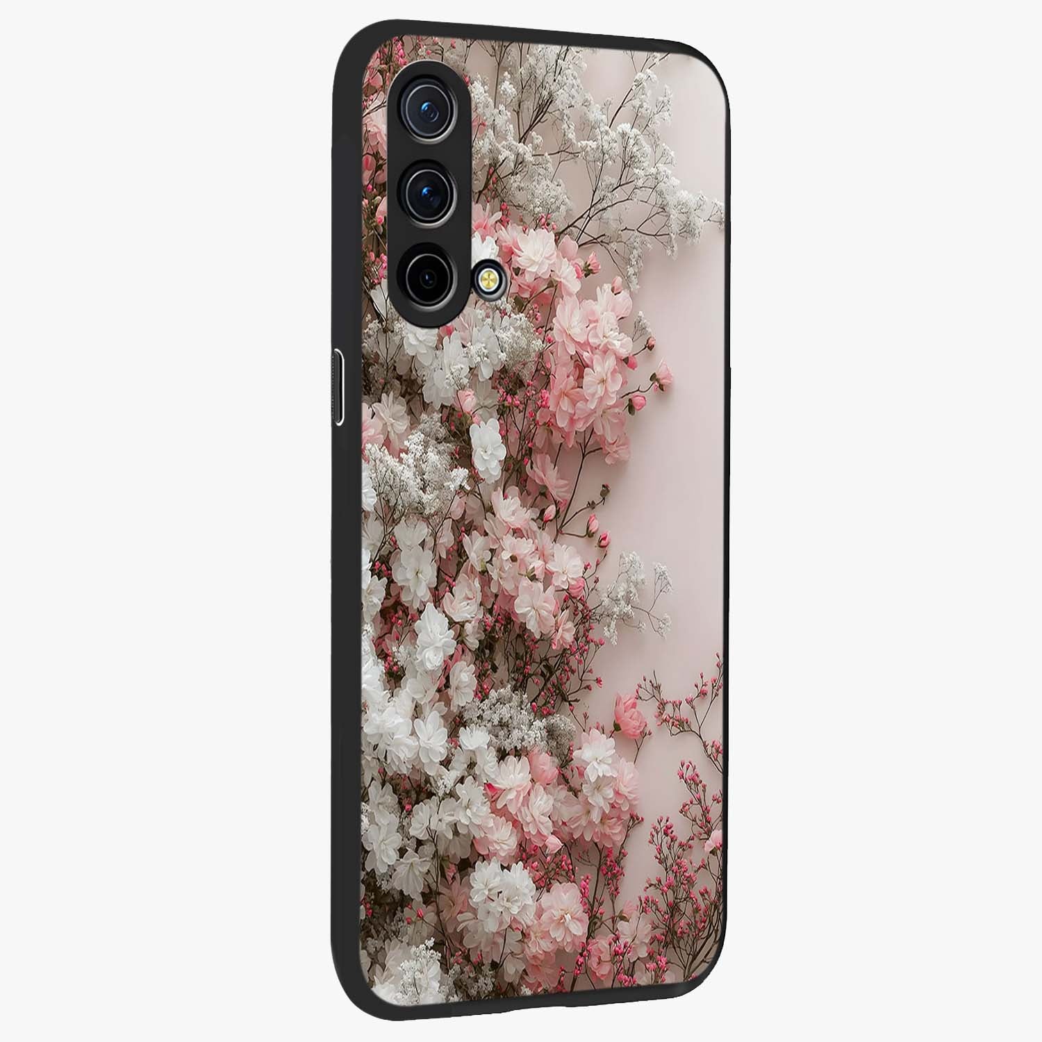 Blush Blossom Cloud Glass Case upright view showcasing calm floral cloud artwork with gentle dreamy theme.