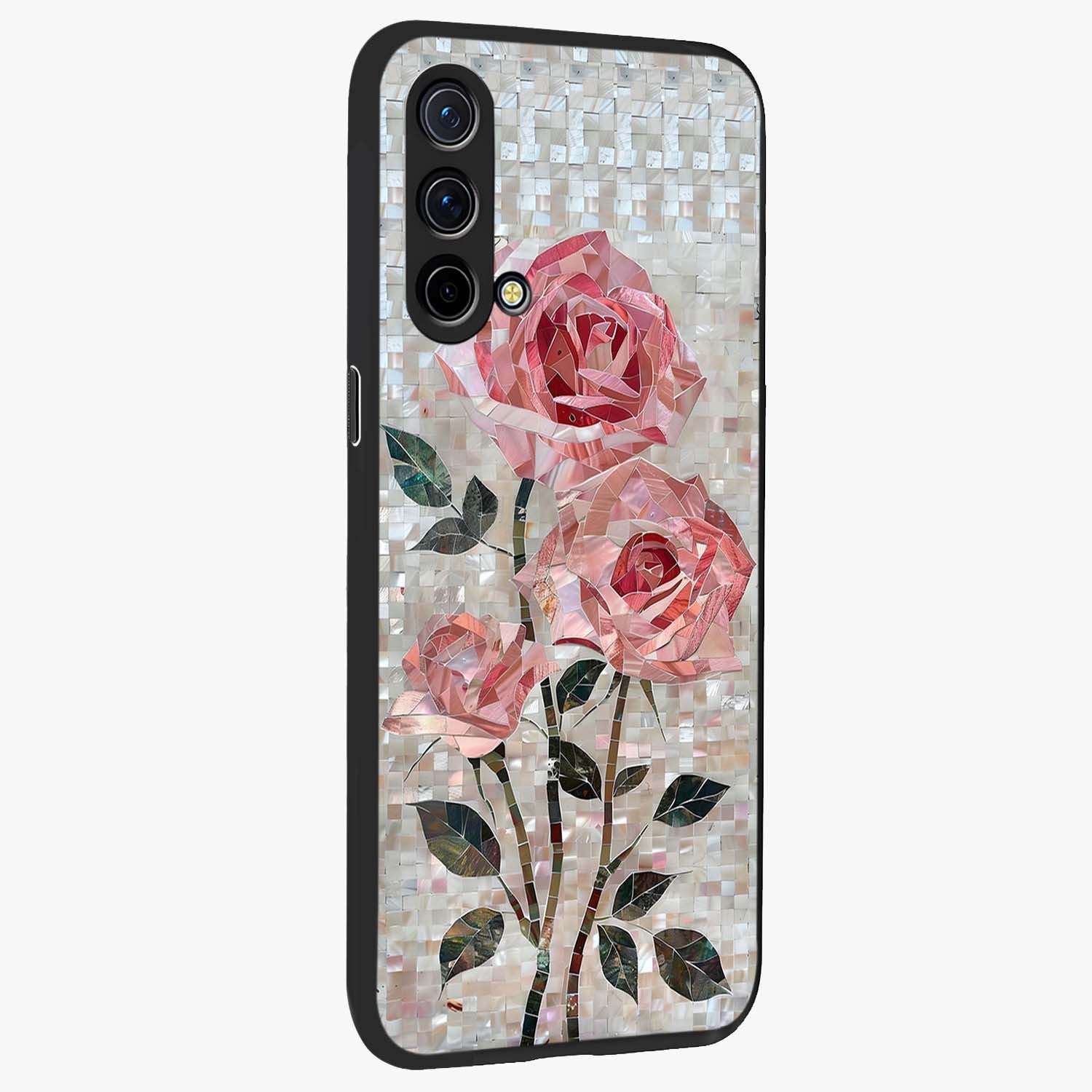 Blush Mosaic Bloom Glass Case upright view showcasing decorative floral mosaic artwork with stylish modern aesthetic.
