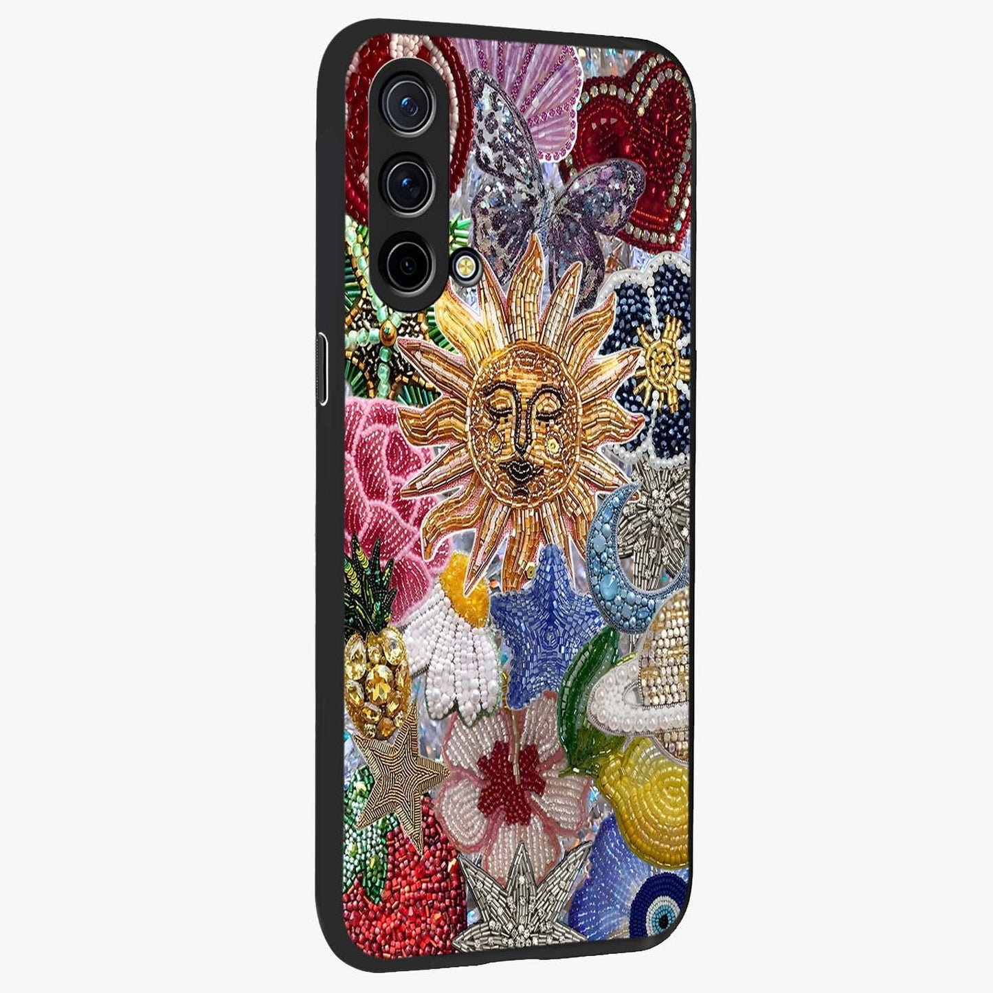 Celestial Floral and Playful Glass Case upright view showcasing whimsical floral artwork with cosmic aesthetic theme.
