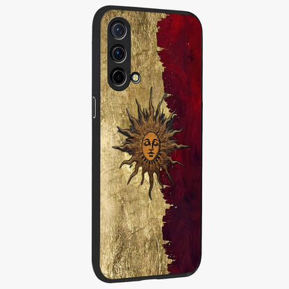 Crimson Sun Majesty Glass Case upright view showcasing vibrant sun artwork with powerful celestial theme.