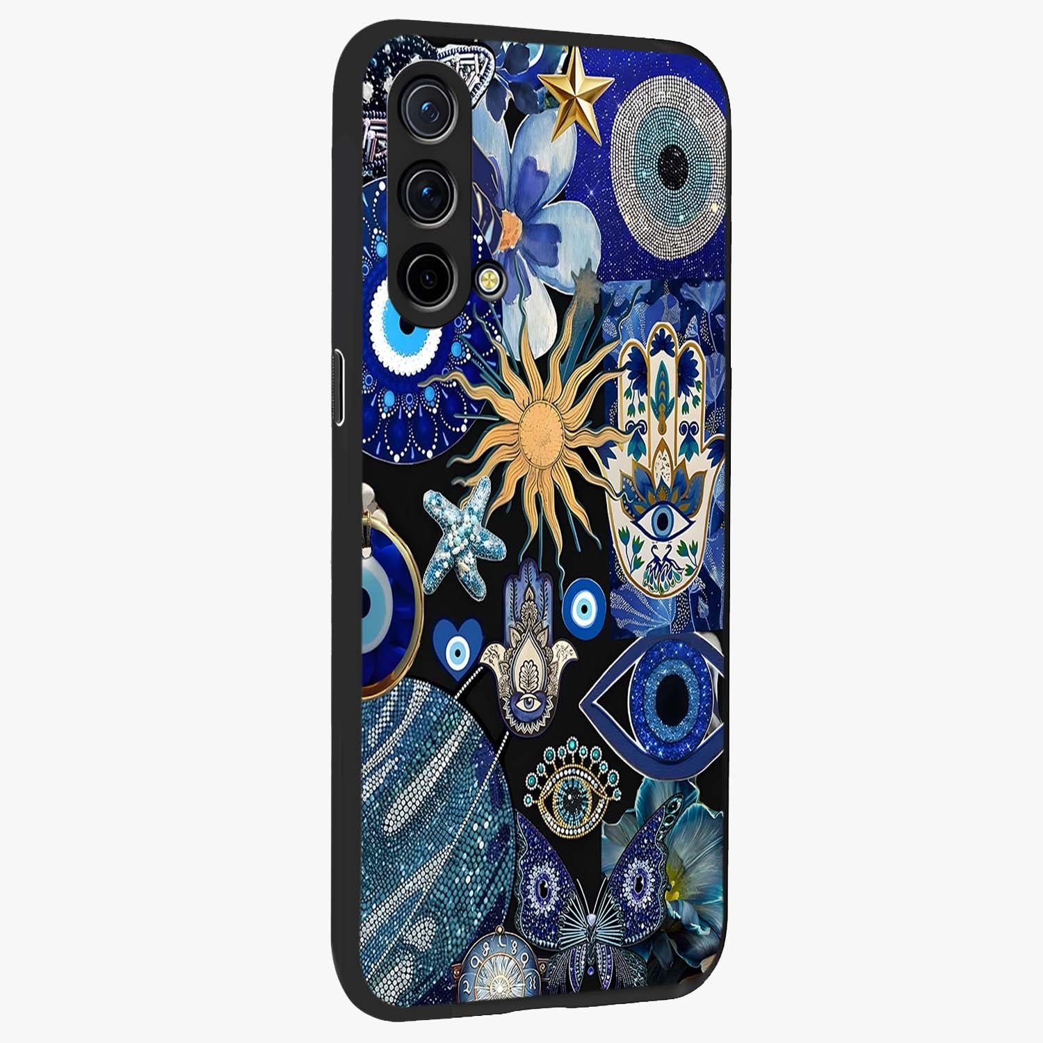 Evil Eye Charm Mix Glass Case upright view showcasing mystical evil eye pattern with vibrant decorative style.