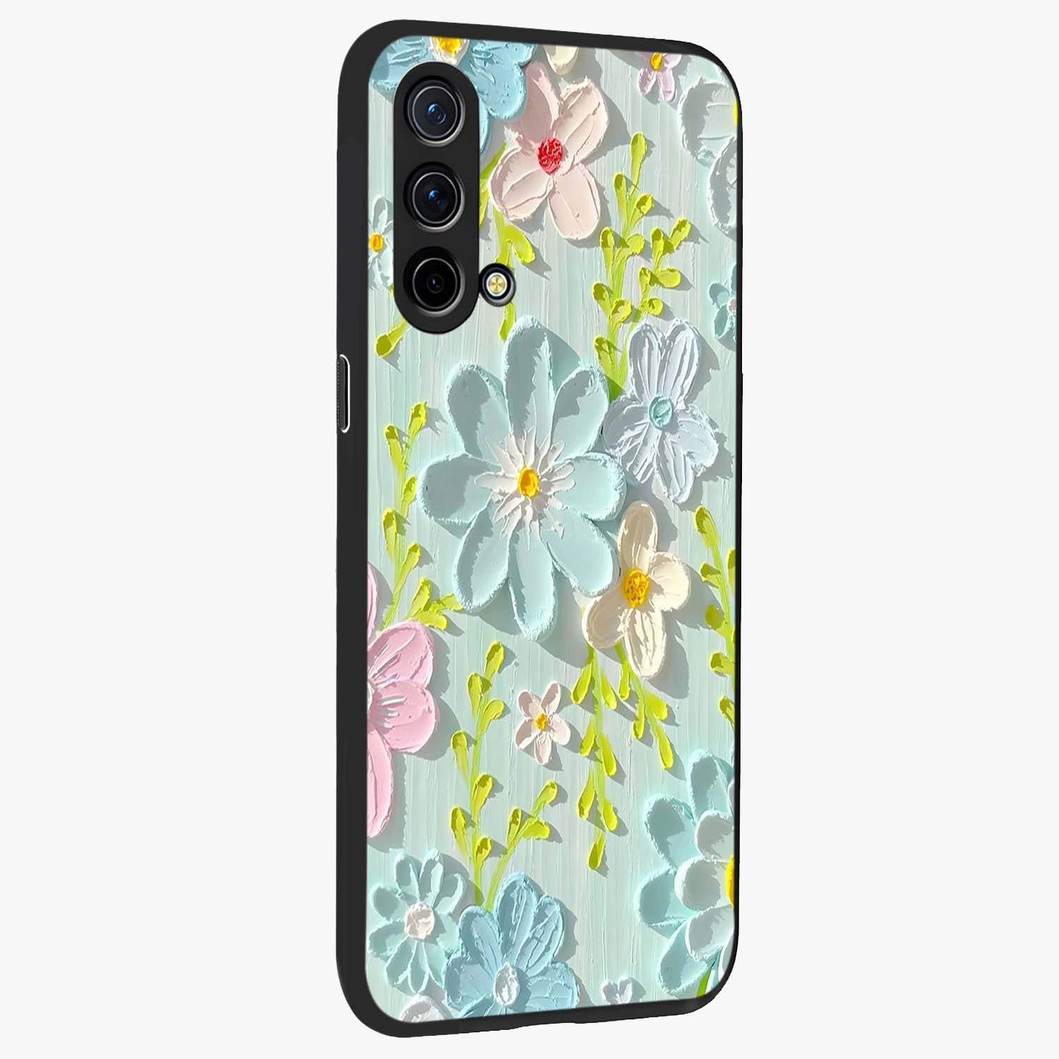 Frosted Petal Garden Glass Case upright view showcasing elegant floral garden artwork with soothing pastel theme.