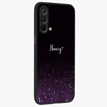 Glittery Purple Bokeh Custom Name Glass Case upright view showcasing vibrant purple sparkle artwork with personalized aesthetic style.