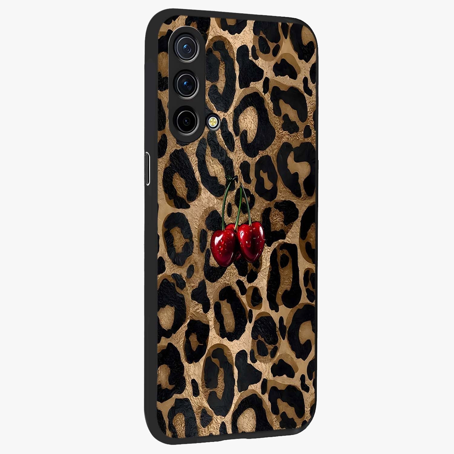 Leopard Wild Cherry Glass Case upright view showcasing stylish leopard pattern artwork with trendy fashion theme.
