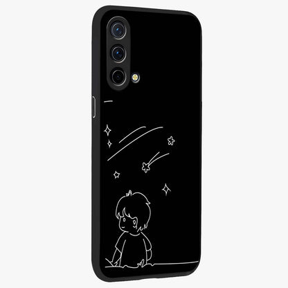Line Art Boy With Shooting Stars Glass Case upright view showcasing artistic shooting star illustration with minimal style.