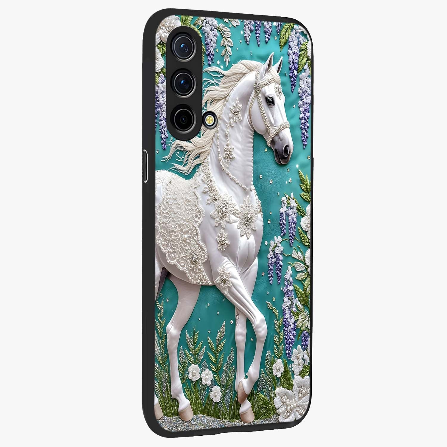 Majestic Floral Stallion Glass Case upright view showcasing dramatic horse artwork with decorative floral theme.