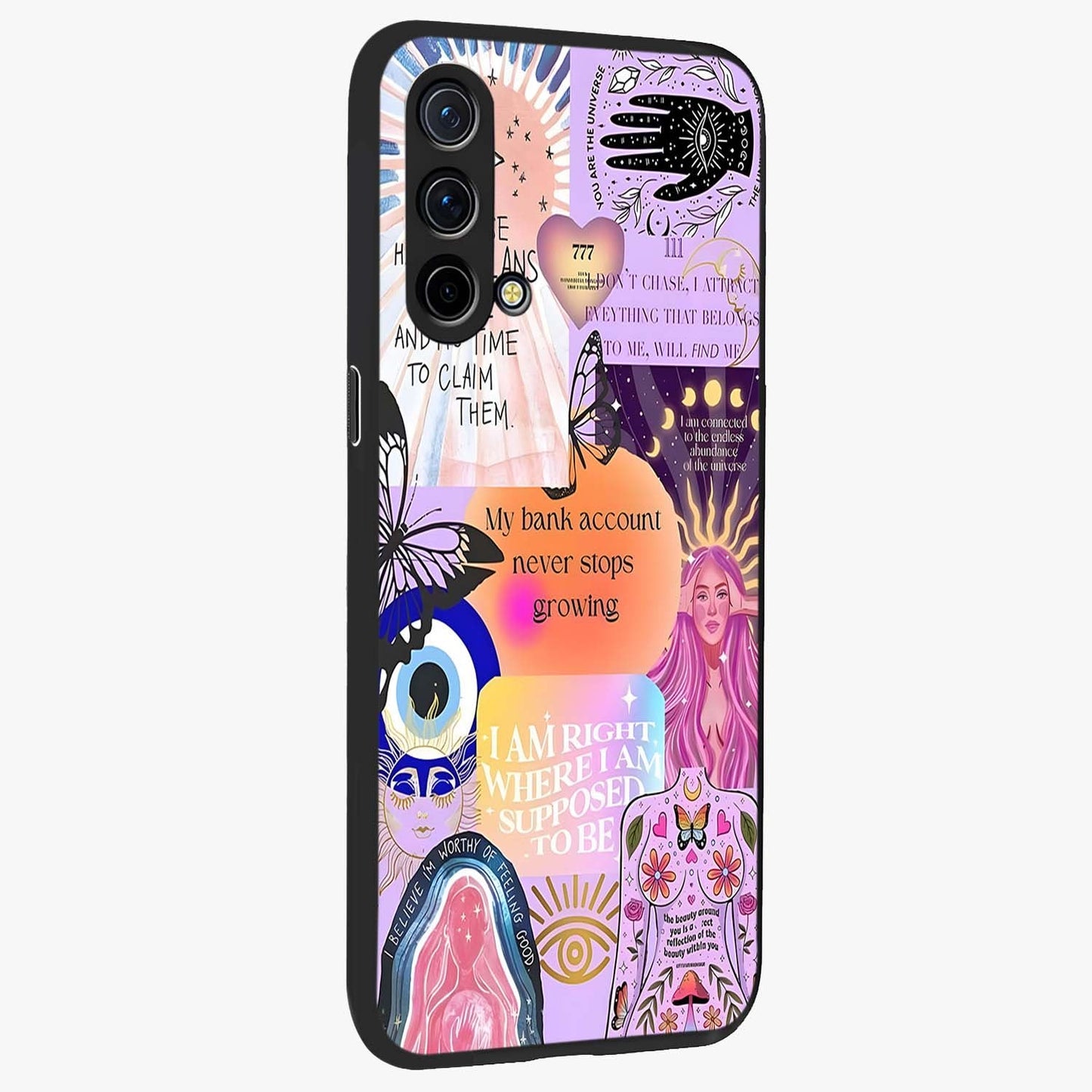 Manifestation Collage Glass Case upright view showcasing artistic manifestation themed artwork with creative style.