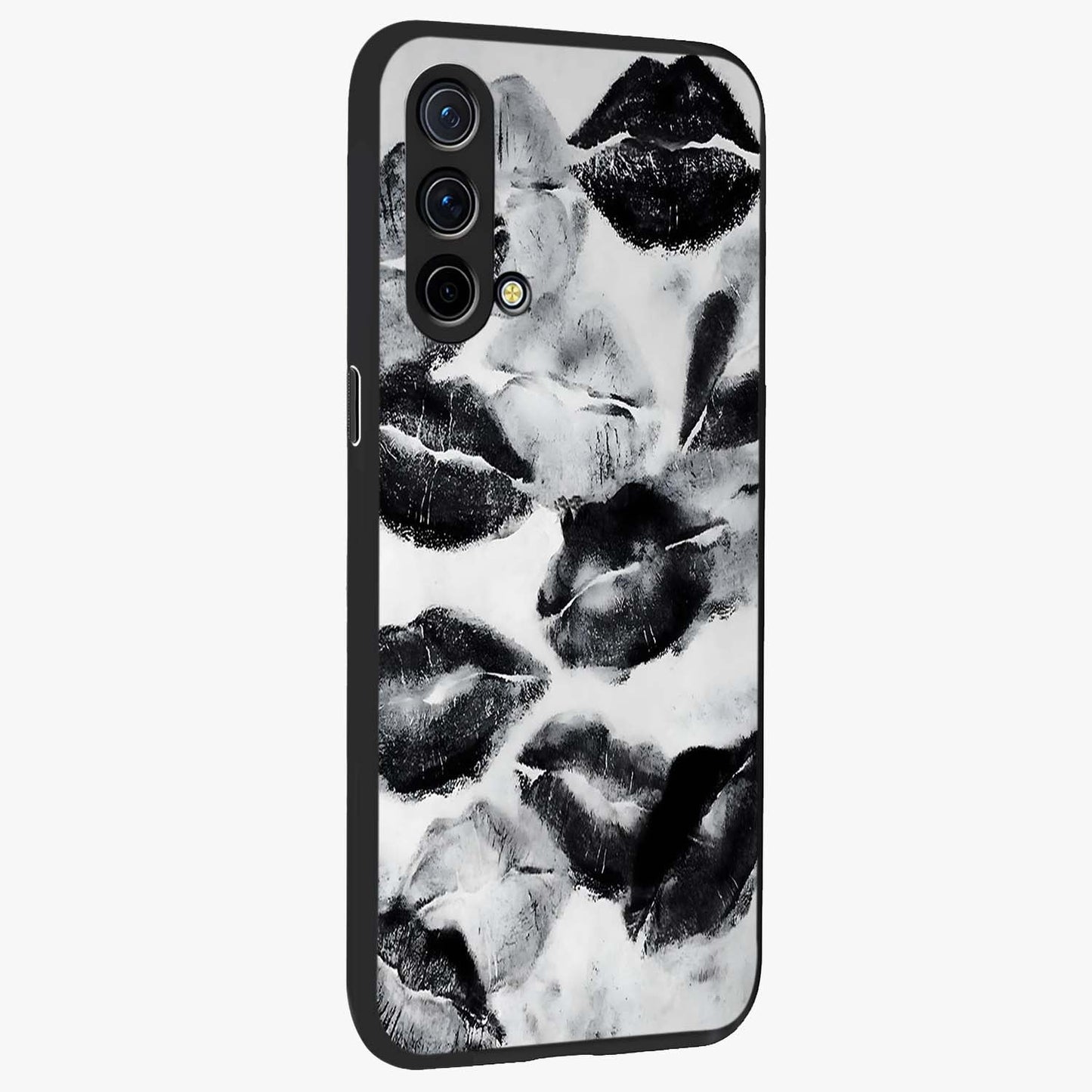 Midnight Kiss Marks Glass Case upright view showcasing stylish kiss mark artwork with trendy romantic theme.