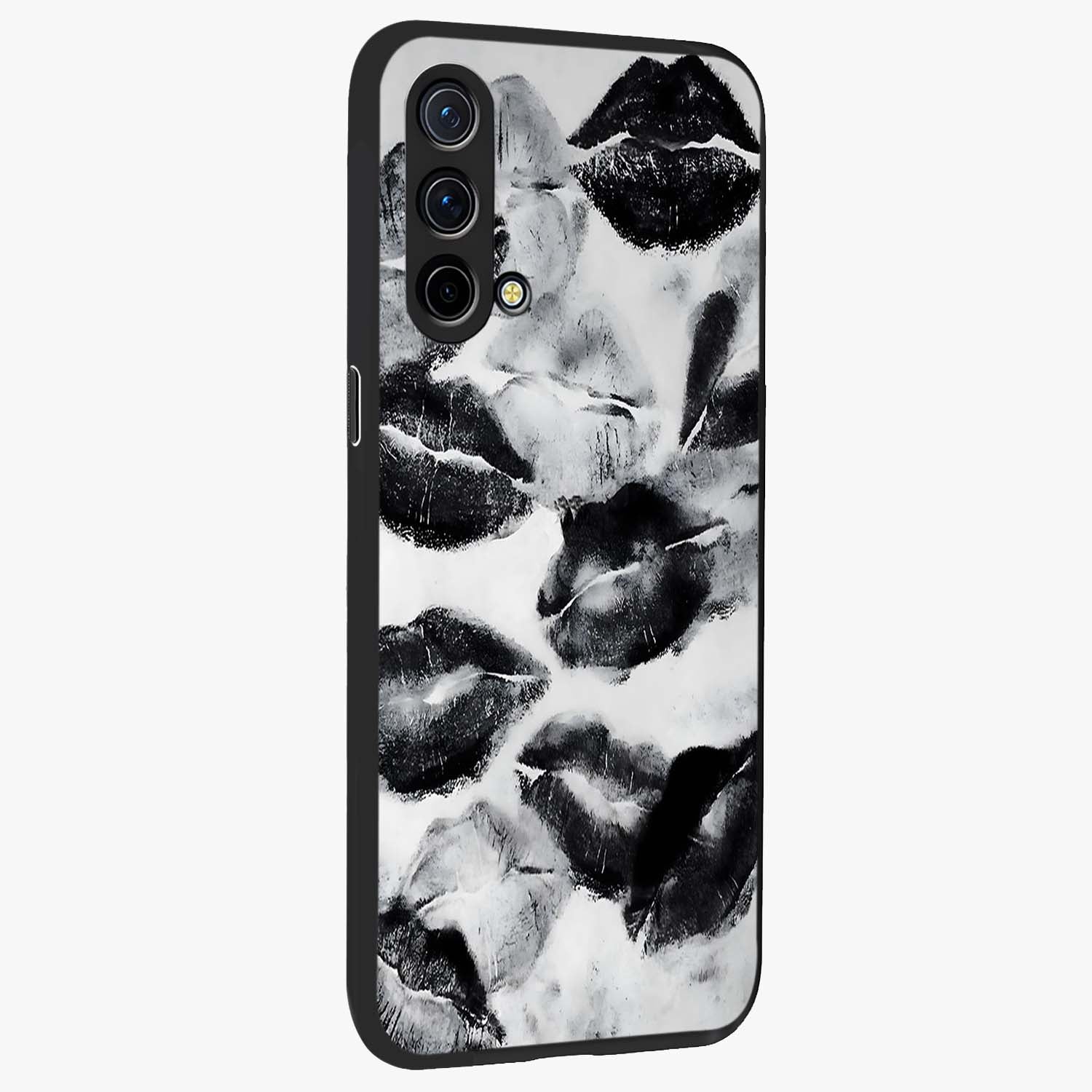 Midnight Kiss Marks Glass Case upright view showcasing stylish kiss mark artwork with trendy romantic theme.