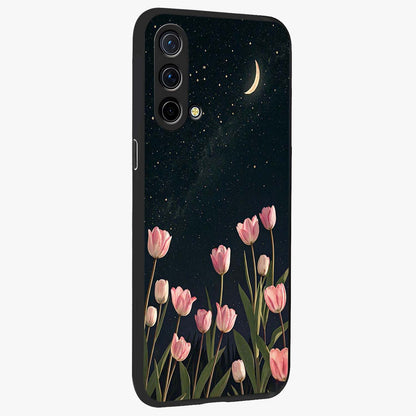 Midnight Tulip Whispers Vibe Glass Case upright view showcasing graceful tulip artwork with calm botanical theme.