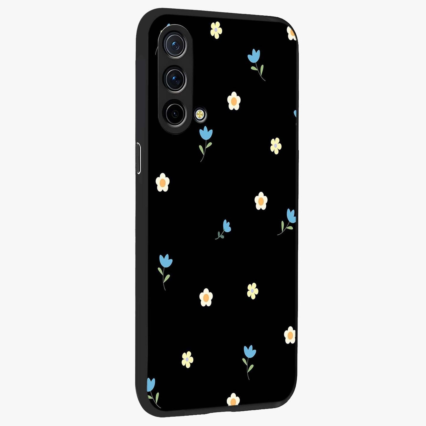 Minimal Petal Whispers Glass Case upright view showcasing elegant floral artwork with modern minimalist style.
