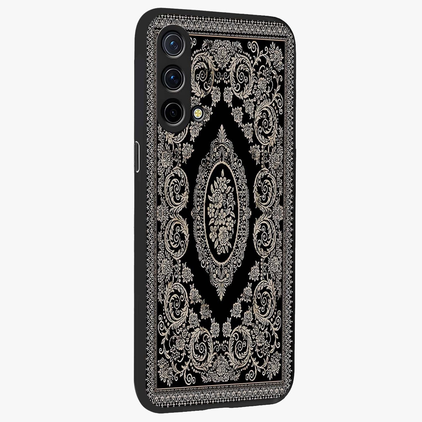 Noir Bloom Elegance Glass Case upright view showcasing graceful floral artwork with luxurious dark theme.