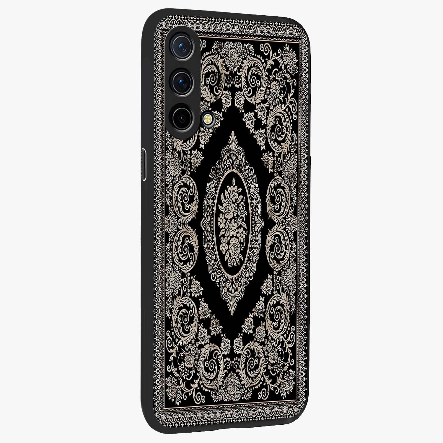 Noir Bloom Elegance Glass Case upright view showcasing graceful floral artwork with luxurious dark theme.
