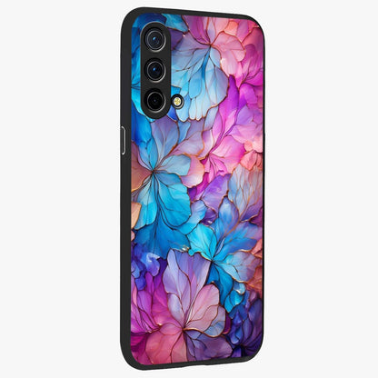 Radiant Floral Whirl Glass Case upright view showcasing lively floral artwork with decorative swirl theme.