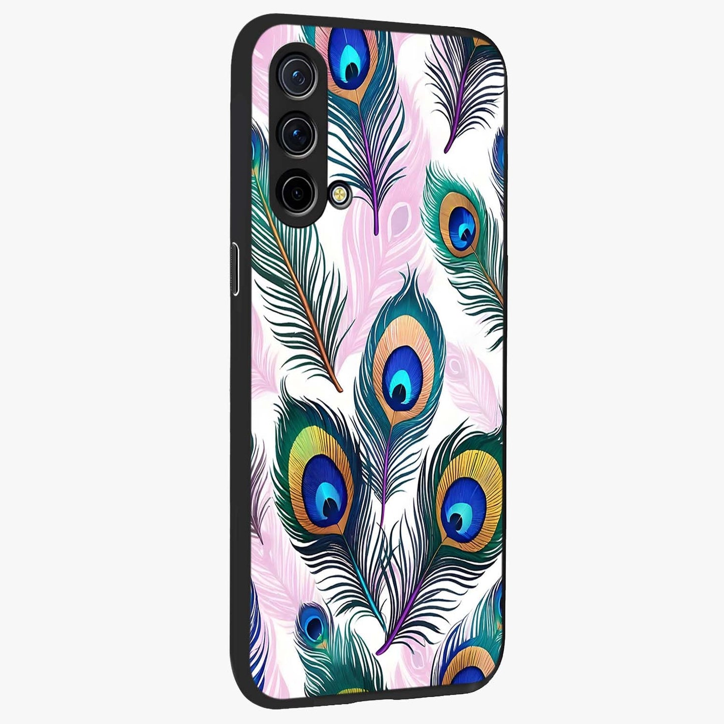 Royal Peacock Feathers Glass Case upright view showcasing elegant peacock feather artwork with decorative royal theme.