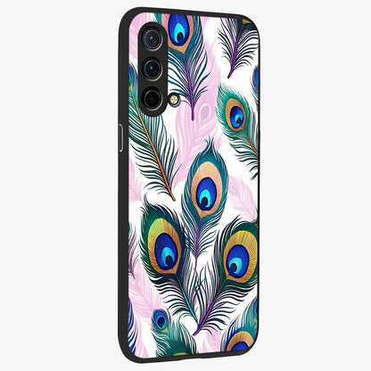 Royal Peacock Feathers Glass Case upright view showcasing elegant peacock feather artwork with decorative royal theme.