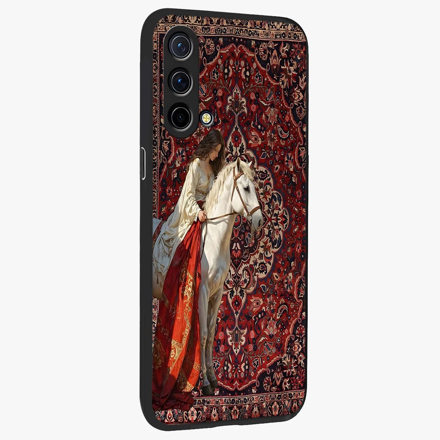 Royal Rider Tapestry Glass Case upright view showcasing detailed rider artwork with classic tapestry theme.