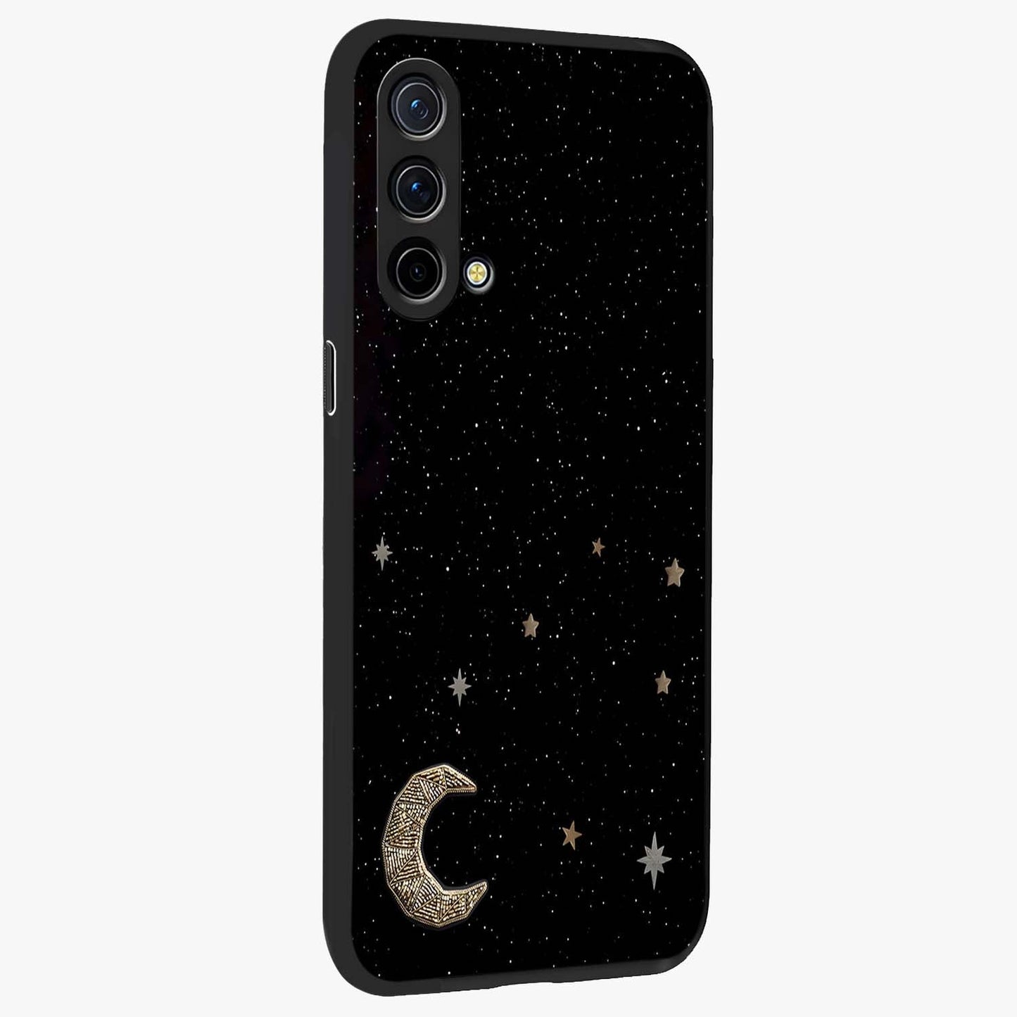 Twinkle Star With Half Moon Glass Case upright view showcasing glowing cosmic artwork with dreamy night theme.