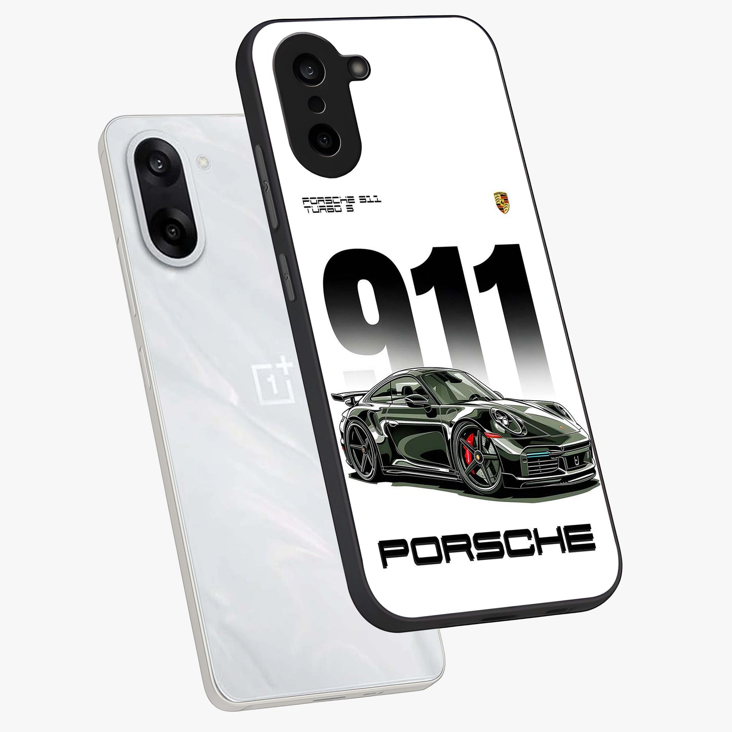 911 Turbo Dominance Glass Case for 1+Nord CE 5 premium angled mockup showcasing glossy glass finish and racing inspired design