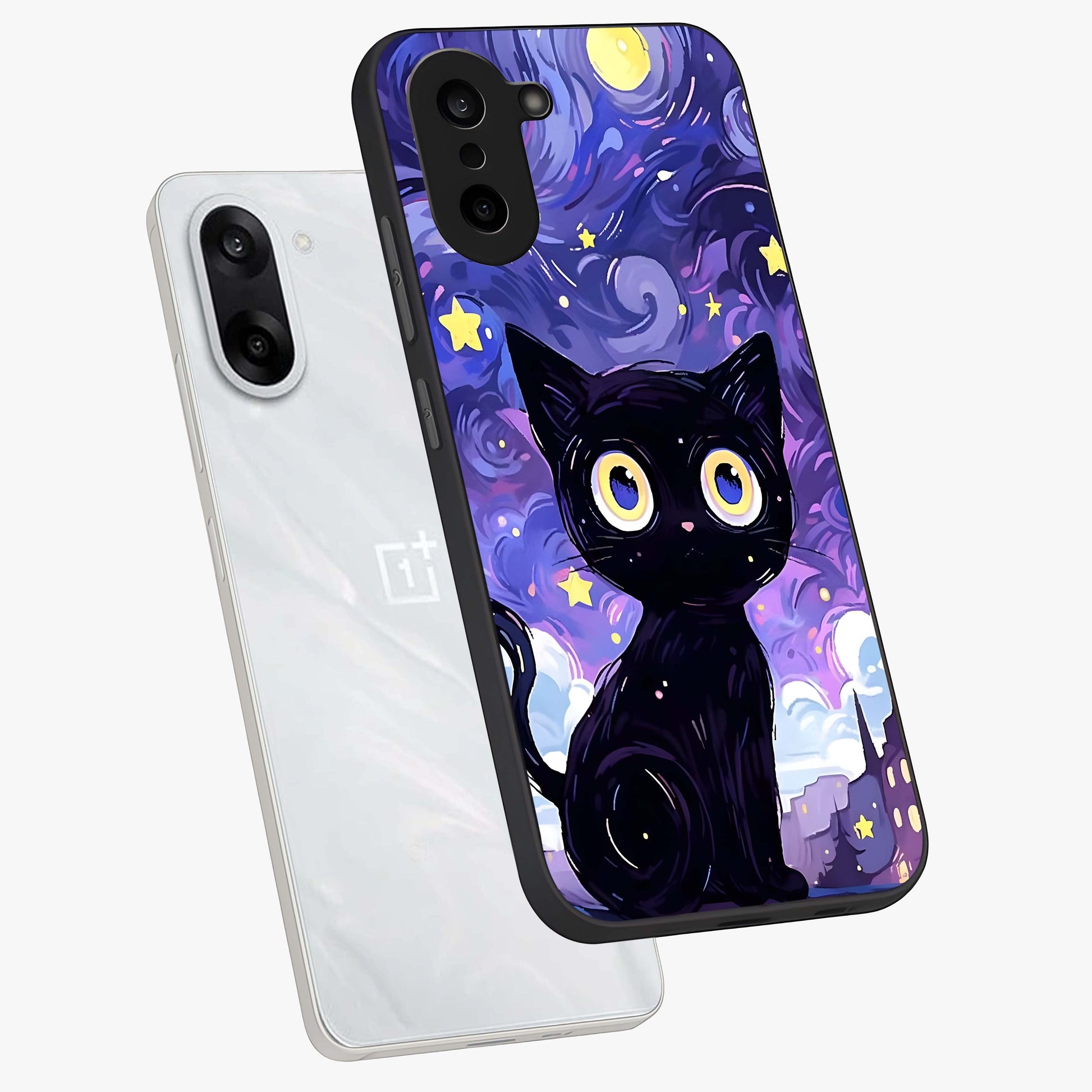 Abstract Cat Art Glass Case for 1+Nord Ce 5 premium angled mockup showcasing glossy glass finish and creative feline design