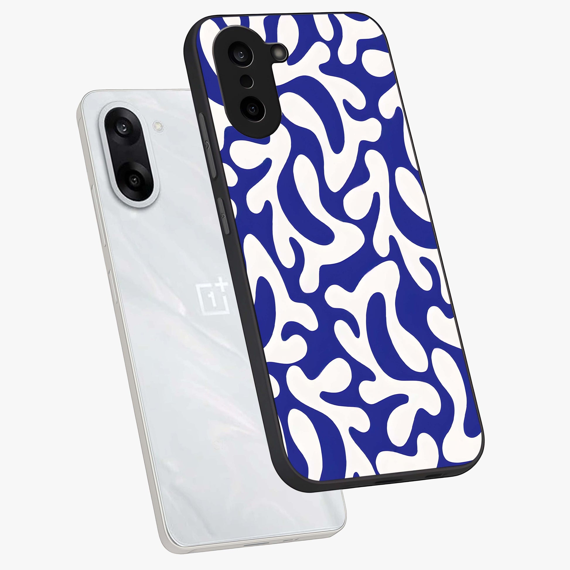 Abstract Coral Waves Glass Case for 1+Nord Ce 5 angled display showcasing glossy finish and fluid abstract textures