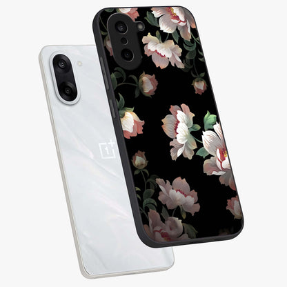Abstract Embossed Blooming Bright Flower Glass Case for 1+Nord CE 5 angled mockup showcasing glossy surface and detailed bloom design