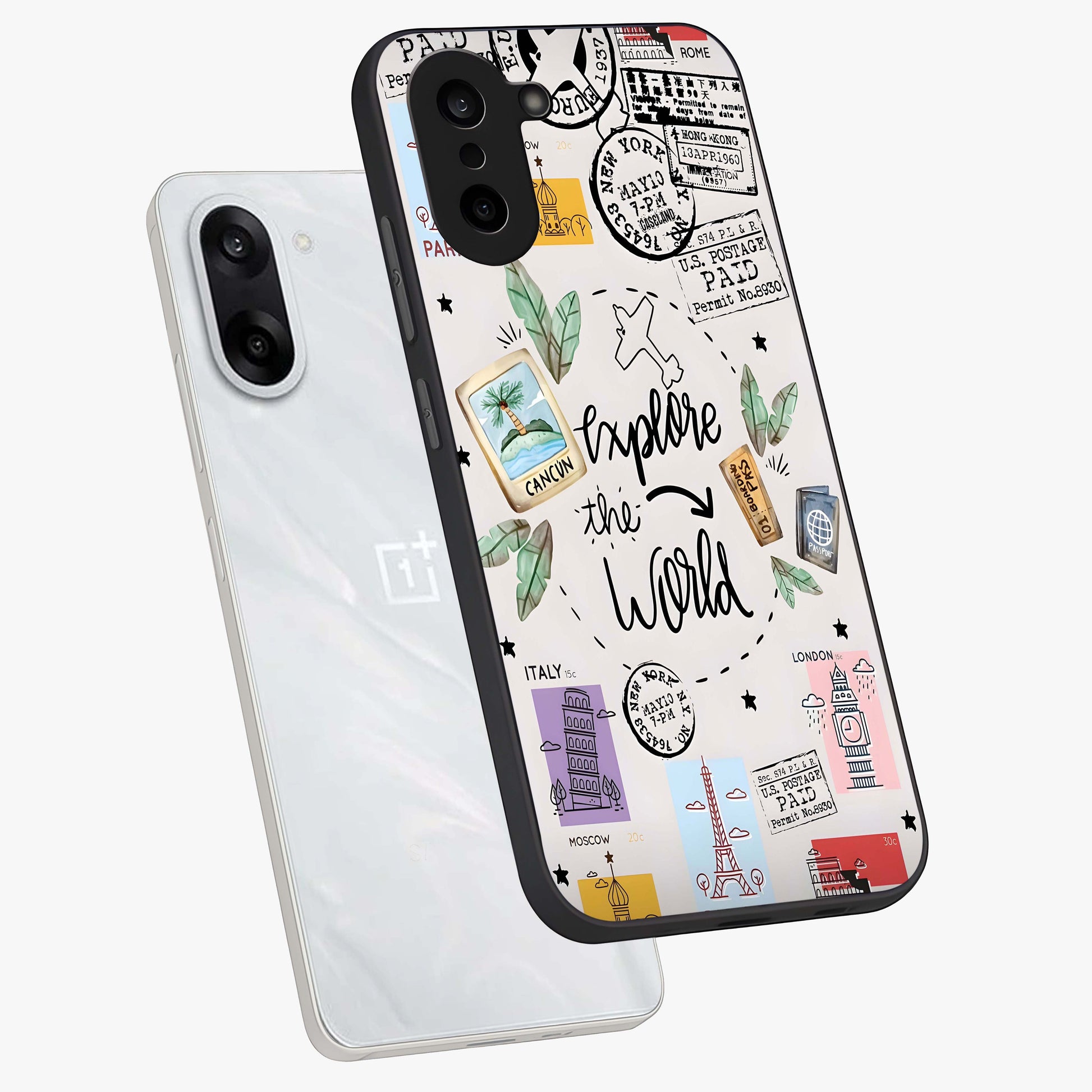 Adventure Awaits Art Glass Case for 1+Nord CE 5 angled display showcasing glossy finish and adventure themed design