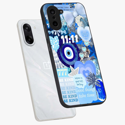 Aesthetic Be Kind Eye Glass Case for 1+Nord CE 5 angled mockup showcasing glossy finish and clean typography design