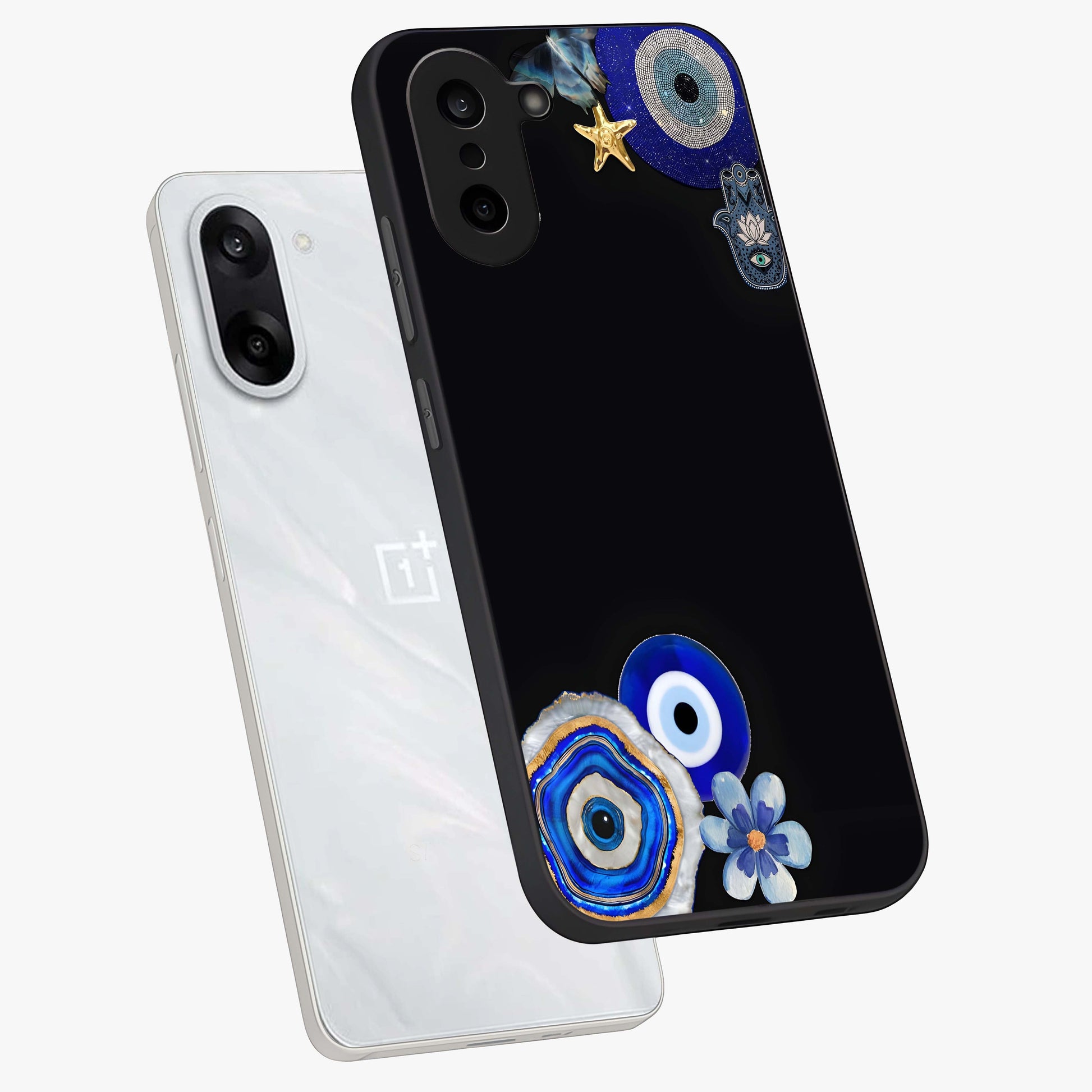 Aesthetic Blue Evil Eye Glass Case for 1+Nord CE 5 angled mockup showcasing glossy finish and protective symbol design