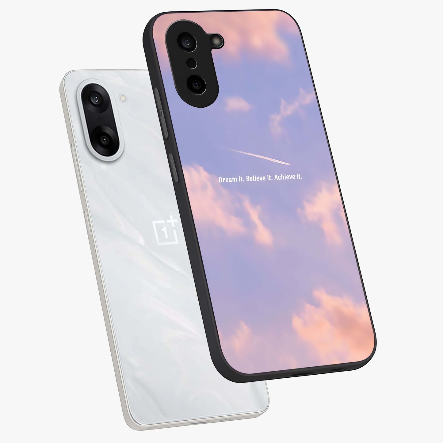 Aesthetic Clouds Dream Glass Case for 1+Nord CE 5 angled mockup showcasing glossy glass finish and sky inspired design