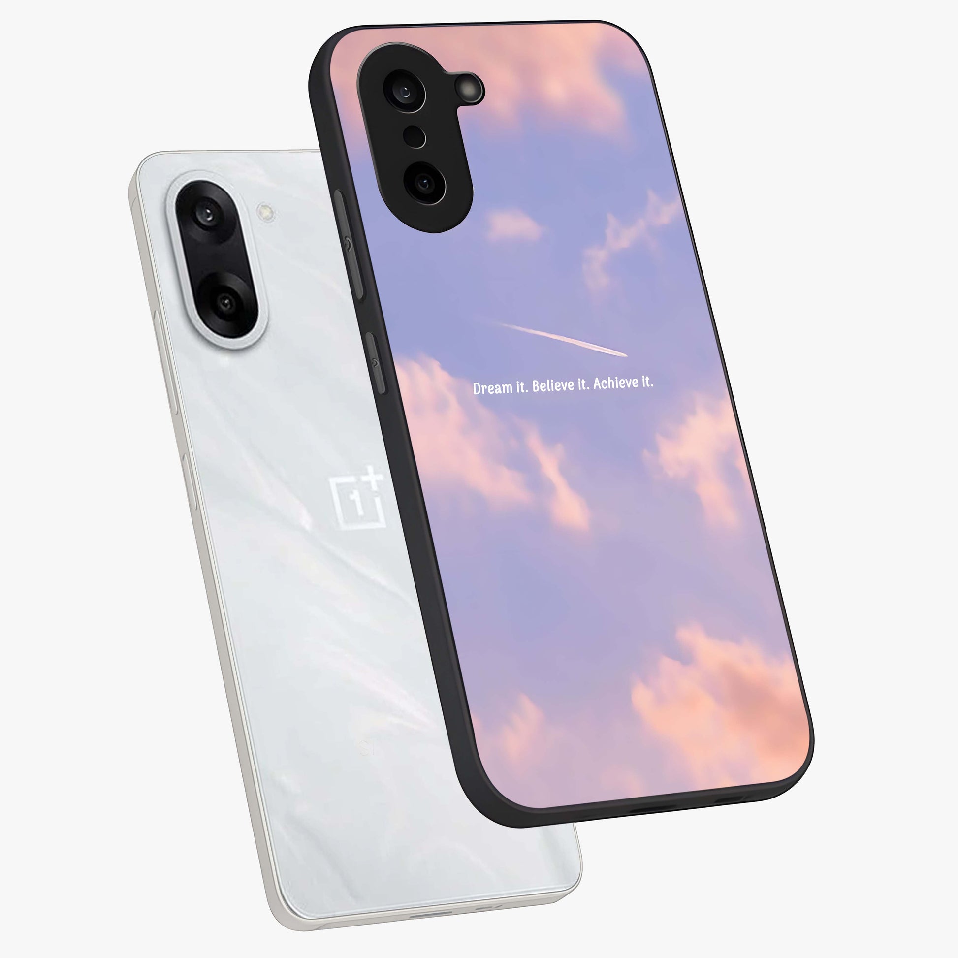 Aesthetic Clouds Dream Glass Case for 1+Nord CE 5 angled mockup showcasing glossy glass finish and sky inspired design
