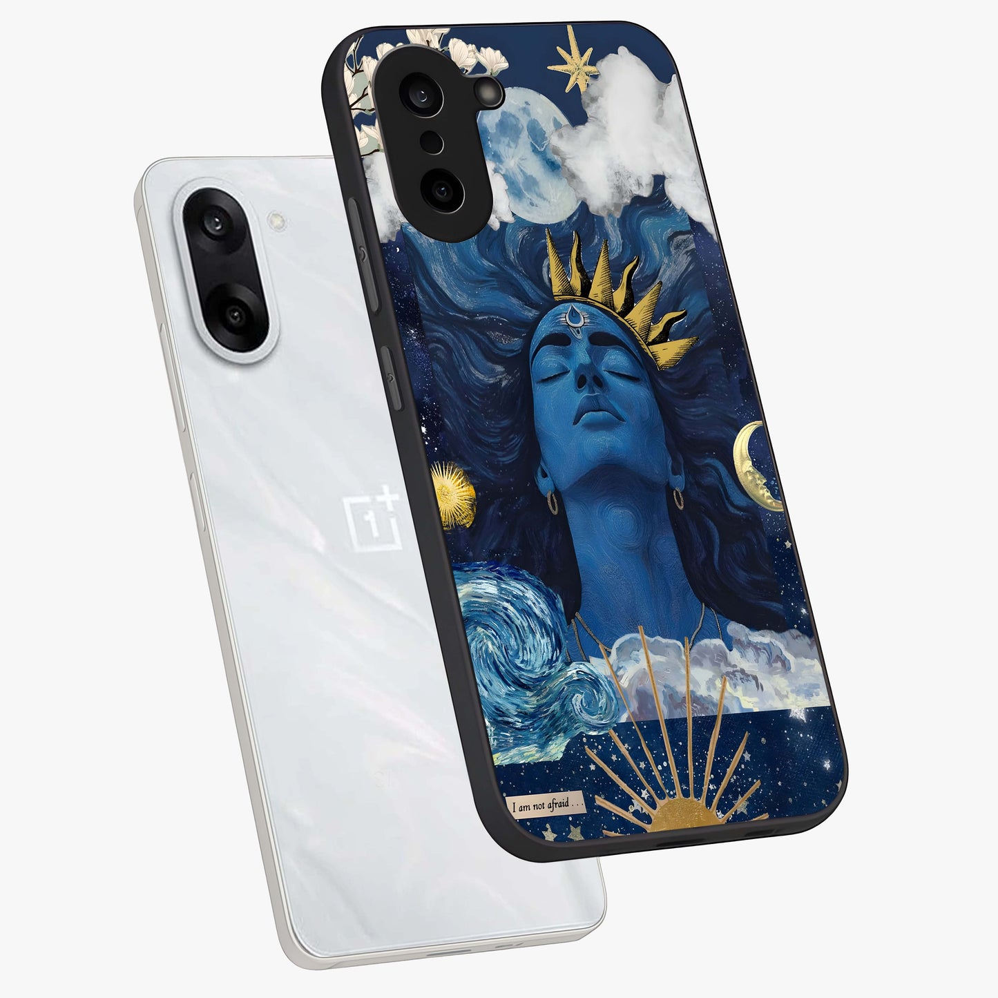 Aesthetic Lord Shiva Glass Case for 1+Nord CE 5 angled mockup showcasing glossy finish and divine aesthetic design