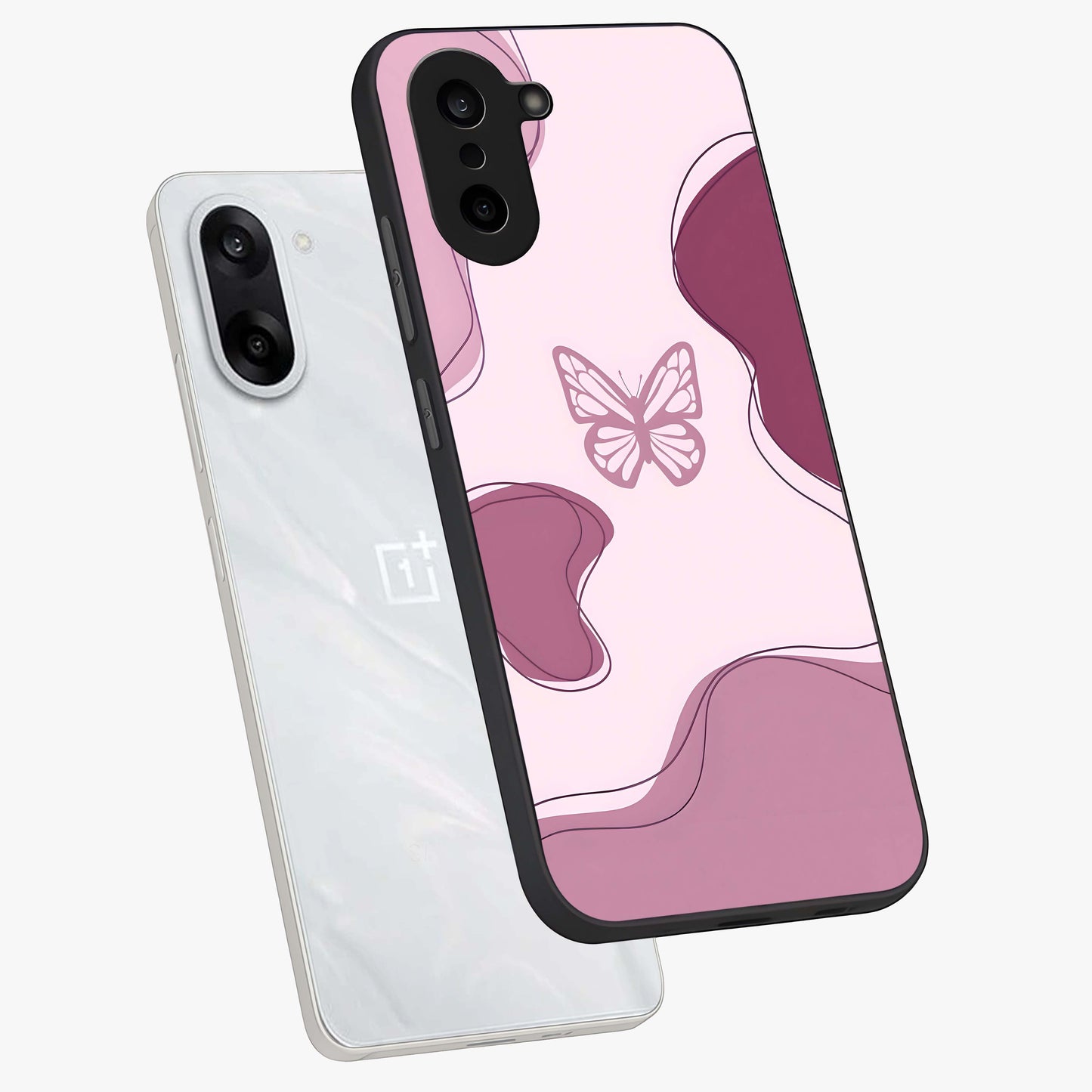Aesthetic Pinkish Custom Name Butterfly Glass Case for 1+Nord CE 5 angled mockup showcasing glossy finish and soft pastel tones