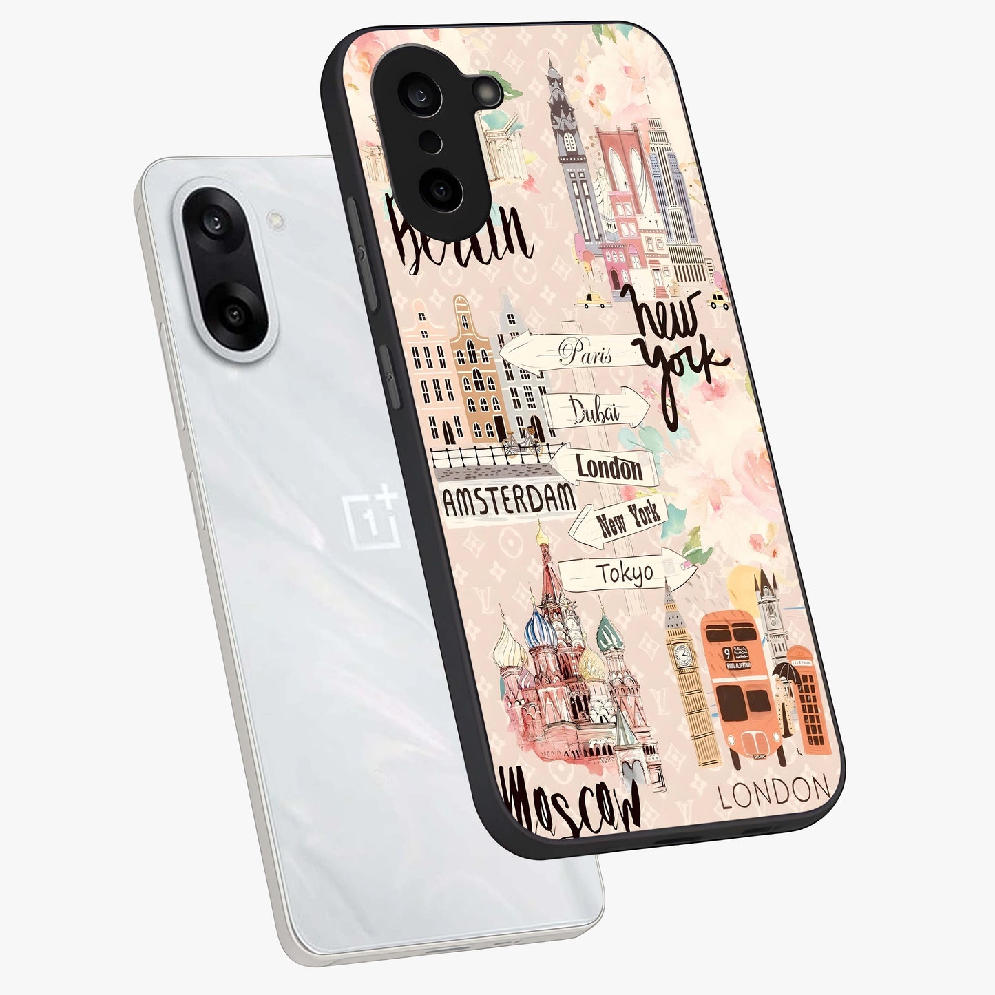 Aesthetic Travel Glass Case for 1+Nord CE 5 angled mockup showcasing glossy finish and adventure themed design