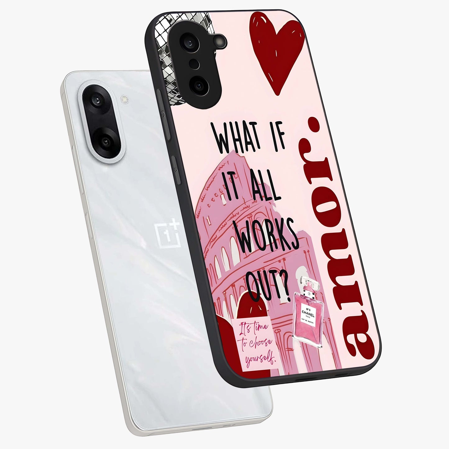 Amor Memory Scrapbook Glass Case for 1+Nord Ce 5 angled mockup showcasing glossy finish and layered memory collage design