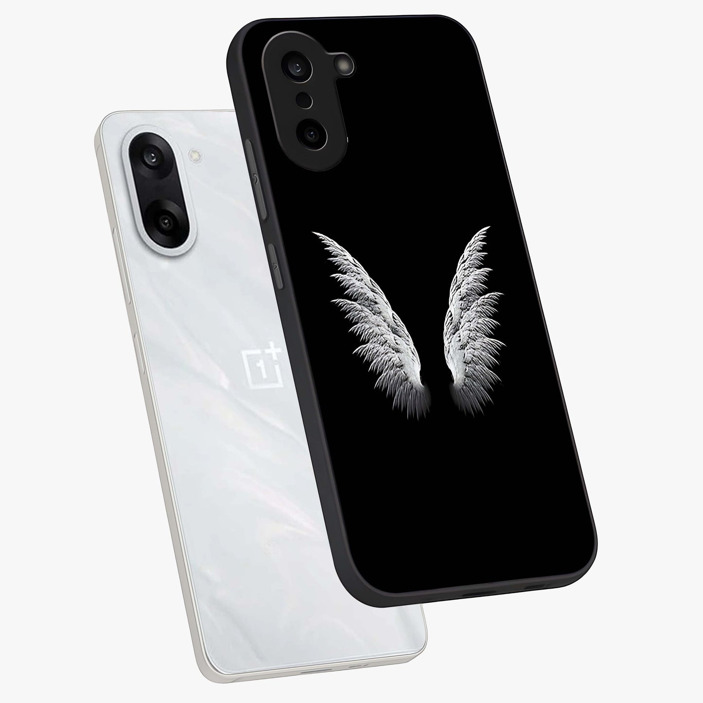 Angel Wing Grace Glass Case for 1+Nord CE 5 angled mockup showcasing glossy finish and graceful feather design