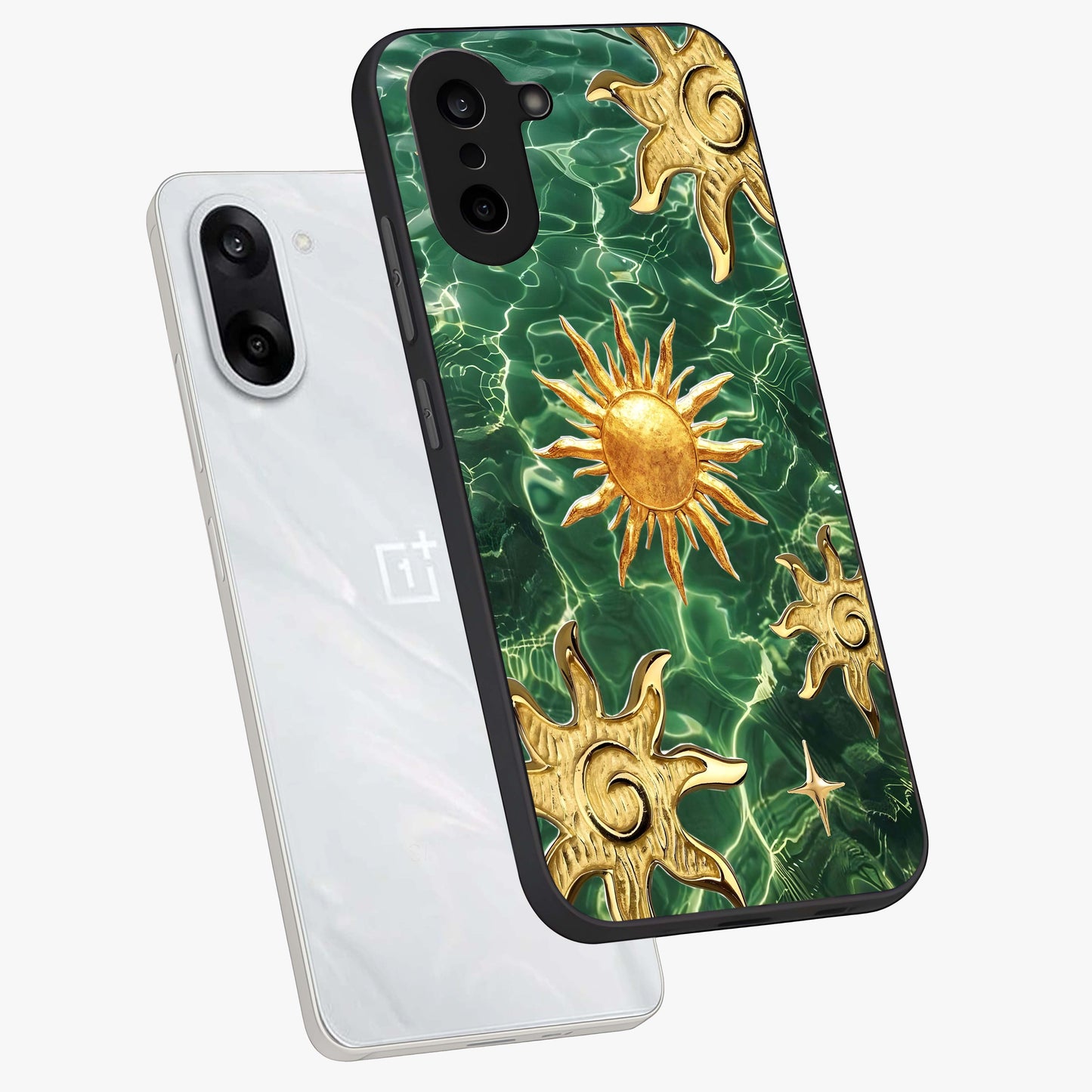 Aqua Sun Mirage Glass Case for 1+Nord Ce 5 angled mockup showcasing glossy glass finish and radiant gradient tones