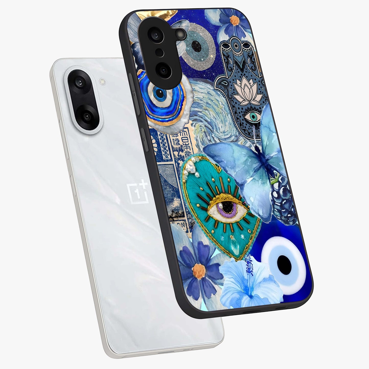 Audrey Zivan Glass Case for 1+Nord CE 5 angled mockup showcasing glossy glass finish and modern visual artwork