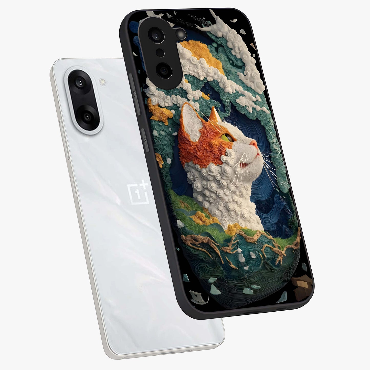 Aurora Cat Dreams Glass Case for 1+Nord CE 5 angled mockup showcasing glossy finish and vibrant cosmic colors