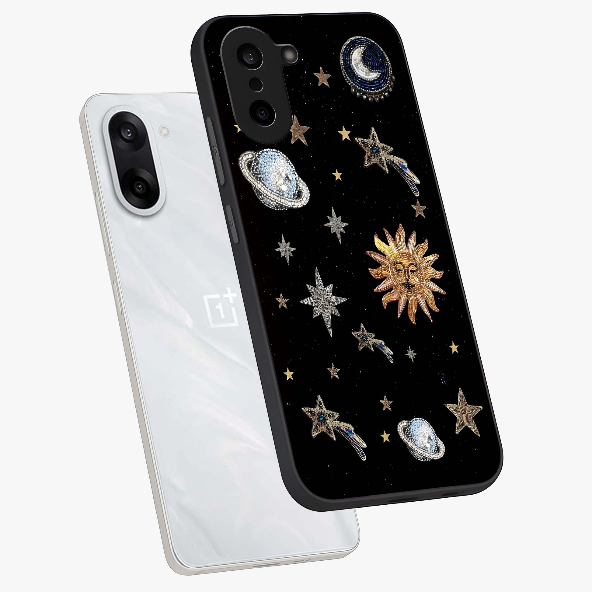 Beaded Cosmic Dreams Glass Case for 1+Nord Ce 5 angled mockup showcasing glossy finish and vibrant galaxy detailing