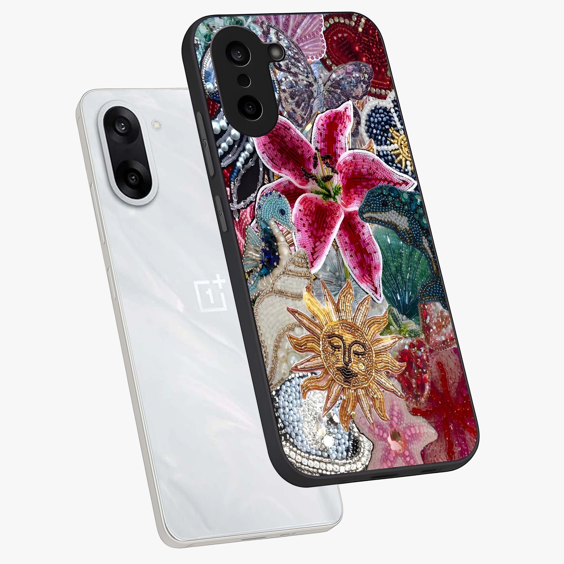 Beaded Garden Fantasy Glass Case for 1+Nord CE 5 angled mockup showcasing glossy finish and detailed fantasy design