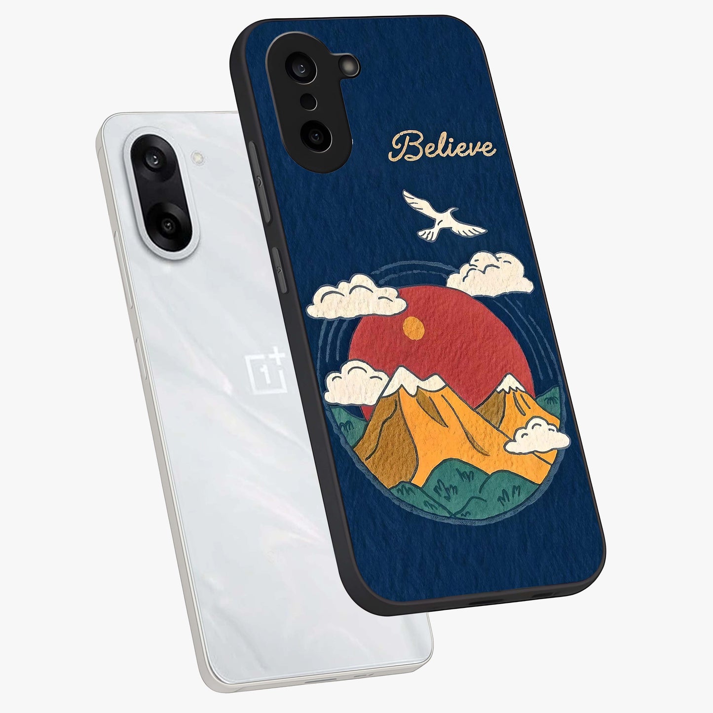 Believe Sky Escape Glass Case for 1+Nord CE 5 angled mockup showcasing glossy finish and serene cloud design
