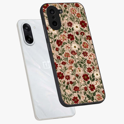 Biege Flower With Leaf Glass Case for 1+Nord CE 5 angled mockup showcasing glossy finish and minimal botanical design