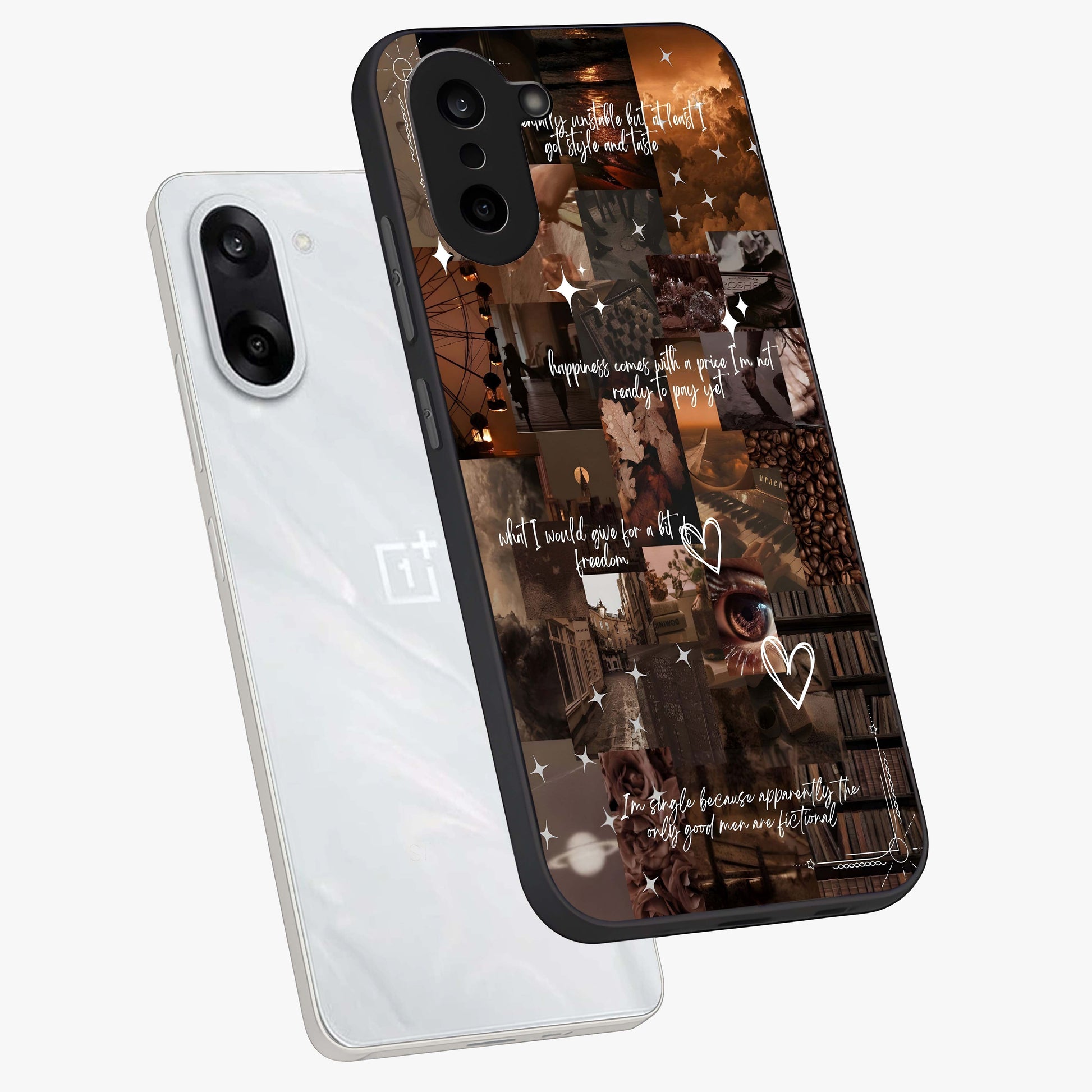 Bittersweet Aesthetic Chaos Glass Case for 1+Nord CE 5 angled mockup showcasing glossy finish and artistic chaotic design
