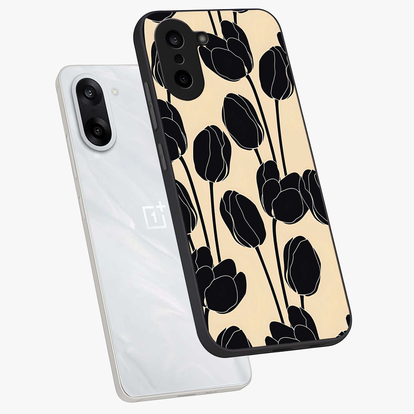 Black Designer Tulip Glass Case for 1+Nord CE 5 angled mockup showcasing glossy finish and premium floral detailing