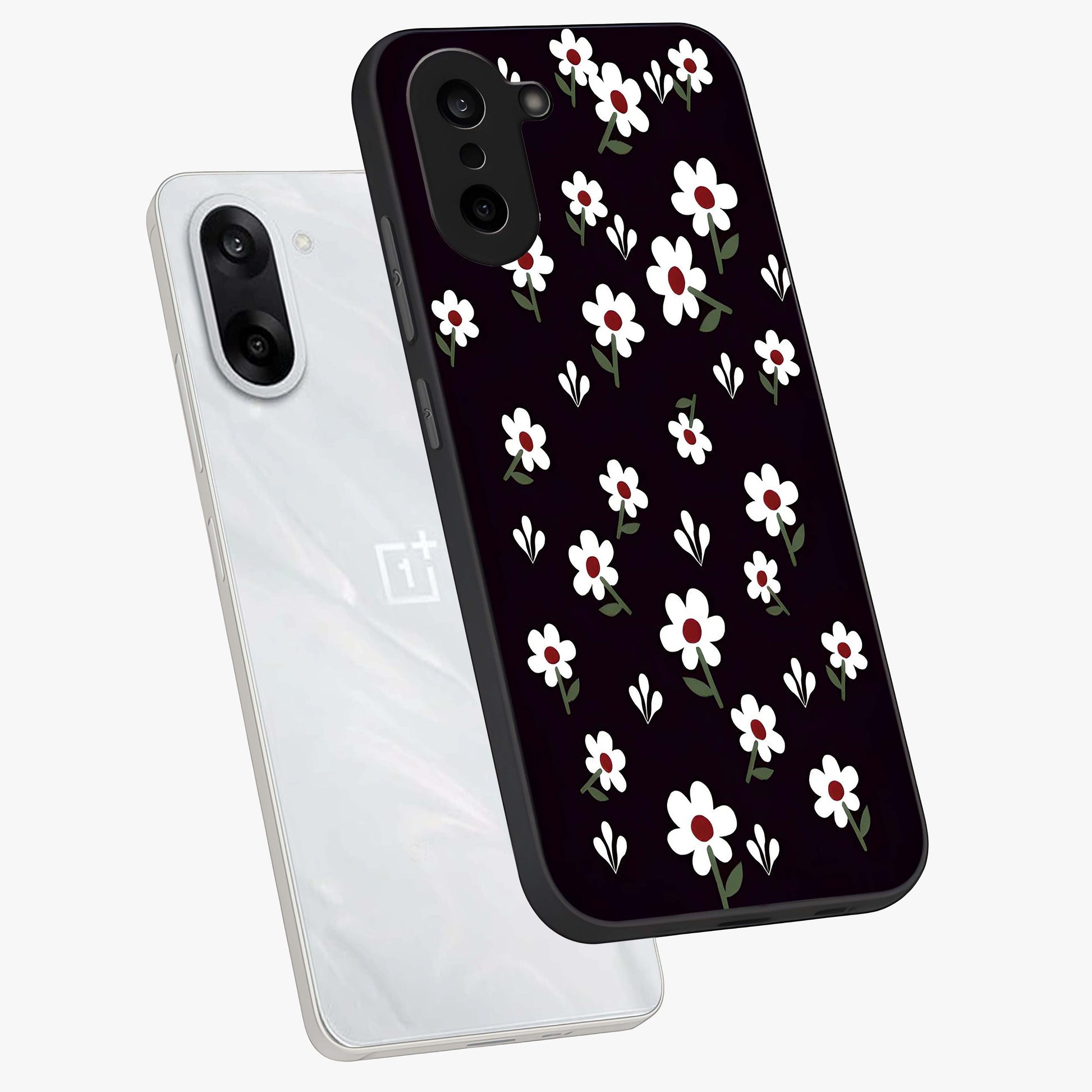 Black Prints Daisy Flower Pattern Glass Case for 1+Nord CE 5 angled mockup showcasing glossy finish and bold floral contrast